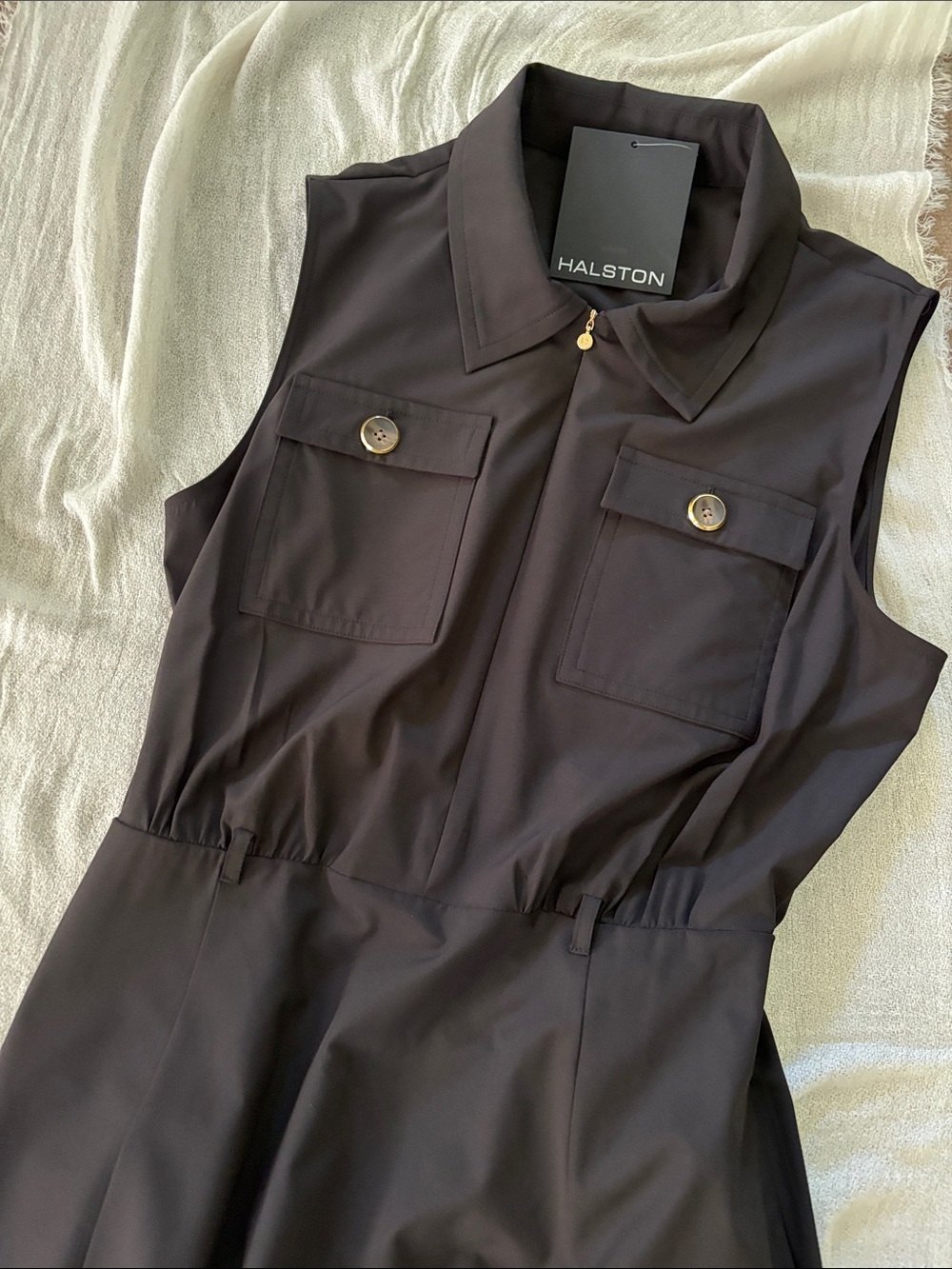 Halston Heritage Sleeveless Collared Black Utility Dress